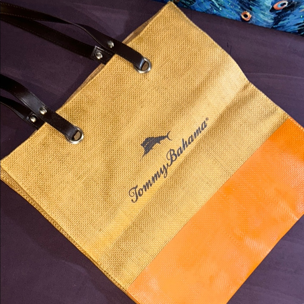 Tommy Bahama Tan and Orange Burlap Tote